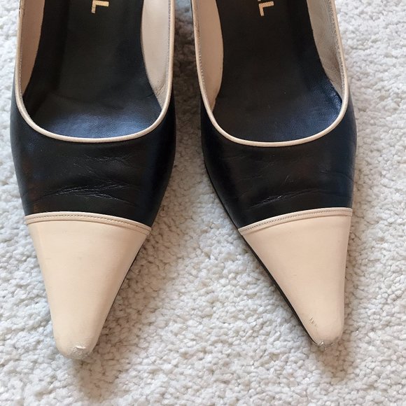 Chanel Black Leather Kitten Heel Pumps with Patent Toe and  CHANEL Black Leather Pumps w. Kitten Heels